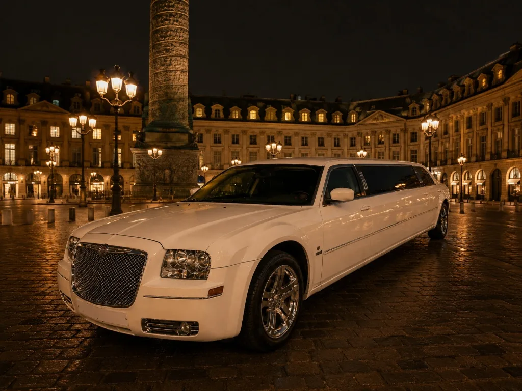 Limousine Chrysler 300C blanche avec chauffeur place Vendôme à Paris de nuit